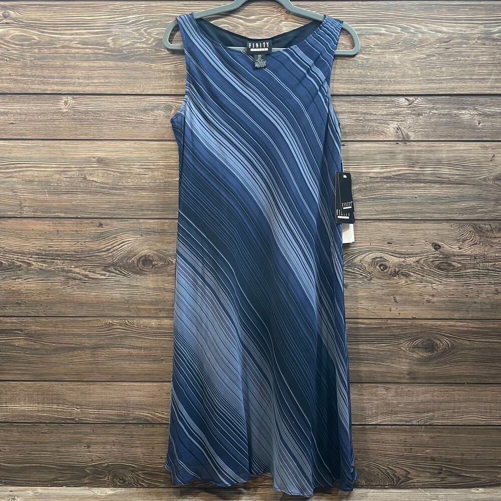 Finity Dress Blue 100% Silk Sleeveless Lined Stripe SZ 12 C101942